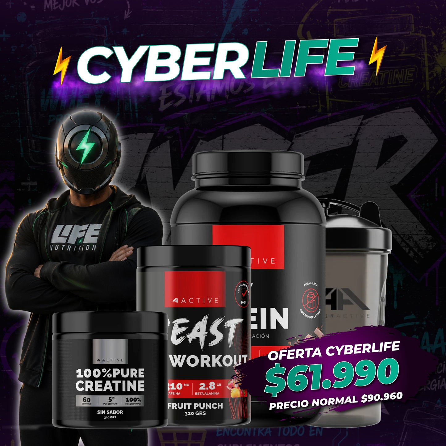 ¡CyberLife! Pack Endurance "4 Active" Proteina + Creatina + Pre Entrenamiento + Shaker para resultados reales