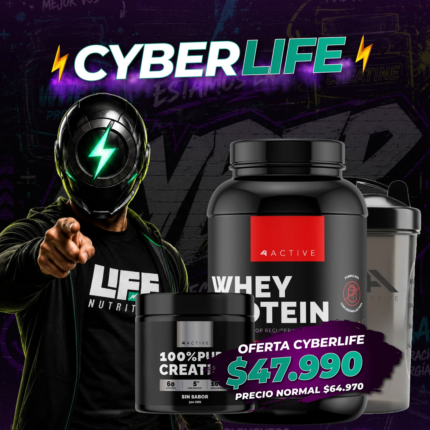 ¡CyberLife! Pack Fuerza Total "4 Active" Proteína + Creatina + Shaker para Resultados Reales