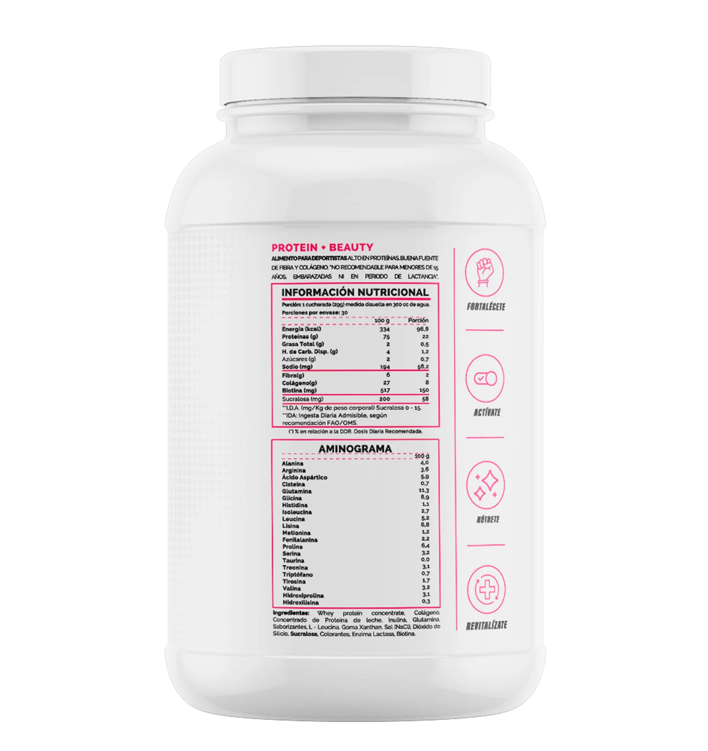Whey Protein Beauty "4 Active" (30 Servicios) · 22g Proteína + 8g Colágeno + 2g Fibra + Biotina