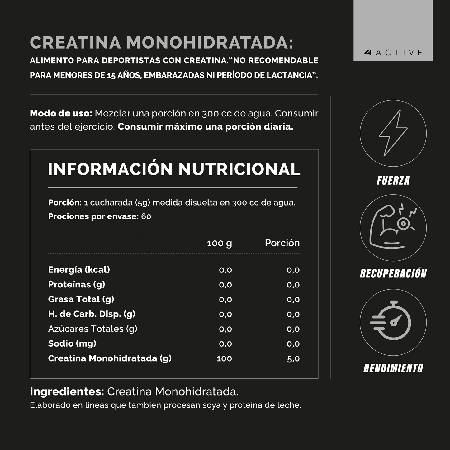 Creatina 100% Pure Creatine Monohydrate "4Active" (60 servicios)