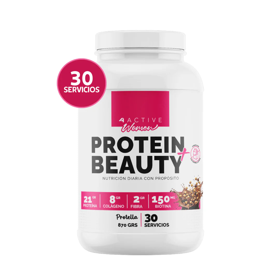 Whey Protein Beauty "4 Active" (30 Servicios) · 22g Proteína + 8g Colágeno + 2g Fibra + Biotina