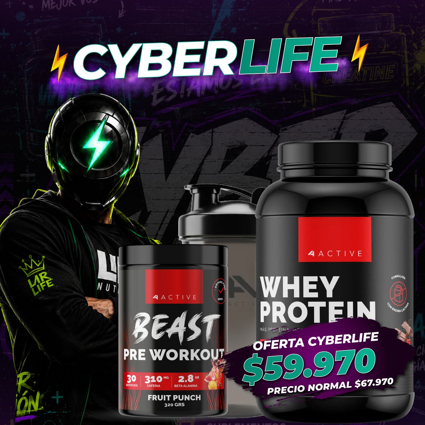 ¡CyberLife! Pack Rendimiento Total "4 Active" Proteina + Pre Entrenamiento + Shaker para resultados reales