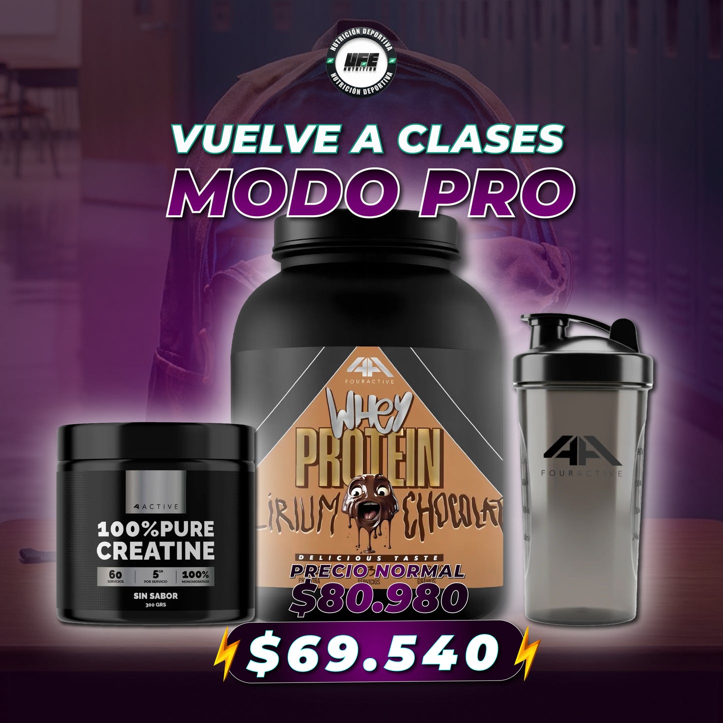 ¡Pack oferta! (4 Active)  "Vuelta a clases" Proteina 5 lbs + Creatina 300 gr + Shaker de regalo