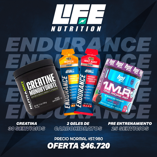 Creatine Monohydrate Nutrabio (30 serv) + One More Rep Pre Entrenamiento (25 Servicios) + Energy Gel Endurance Applied Nutrition (60 gr)